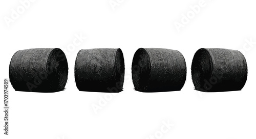 Four industrial textured black rollers lined up horizontally isolated on a white backdrop. vector