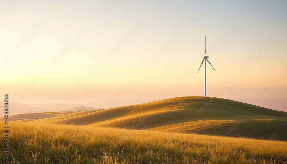 Obraz premium Wind turbine standing tall on a rolling field covered with golden grass at sunset with a soft, warm glow