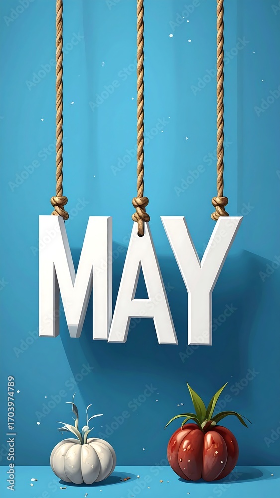 Fototapeta premium White letters, MAY, hanging, on ropes, against blue background