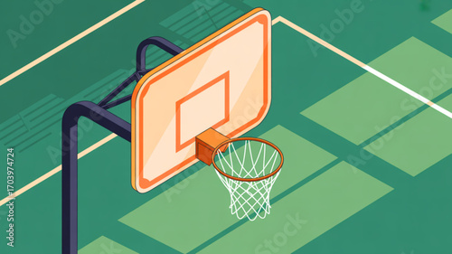 Basketball hoop illustration for sports equipment and recreation with court and net design vector graphic