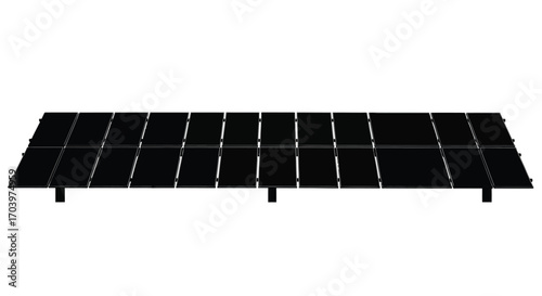 Row of dark solar panels mounted on stands generating renewable energy clean power source vector
