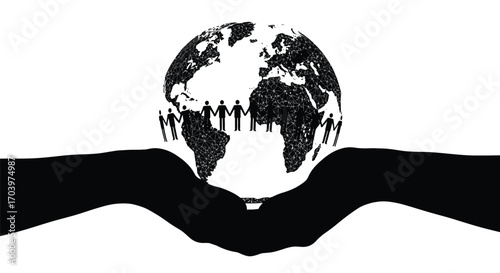 Global Unity Hands Holding World Connection Silhouette Illustration for International Cooperation