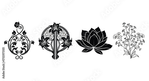 Elegant floral embellishments and lotus flower decorative ornaments collection vector