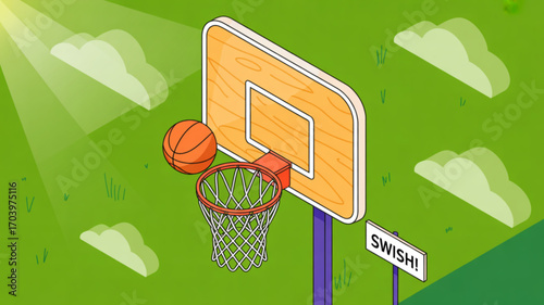 Isometric basketball hoop and ball with swish sign on green field under sun and clouds vector illustration