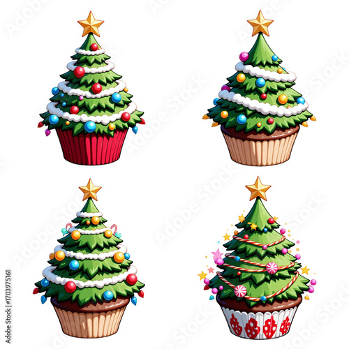 Decorative Christmas Cupcake Cartoon Isolated on White
