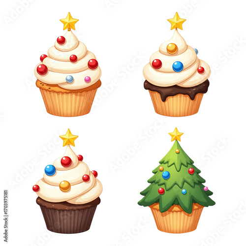 Holiday Dessert Cartoon Illustration with Cupcake Tree Design