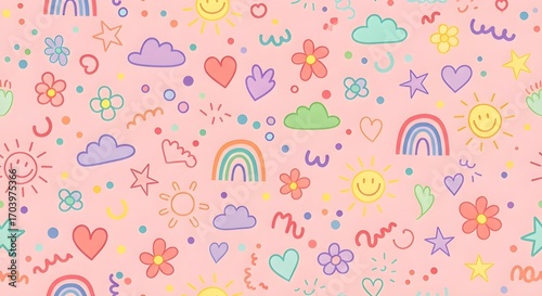 A seamless, whimsical pattern featuring a collection of funky, hand-drawn childish doodles against a soft pink background. The playful motifs have a distinctly girly and cheerful charm.