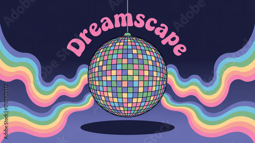 Dreamscape disco ball vector illustration with rainbow waves and retro aesthetic for party and event design