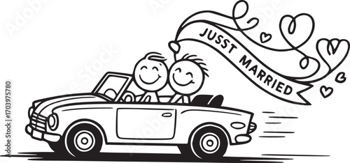 Just Married Drive: An illustrative depiction of a jubilant newlywed couple, cruising in a classic car, with Just Married banner, filled with romance and celebration.