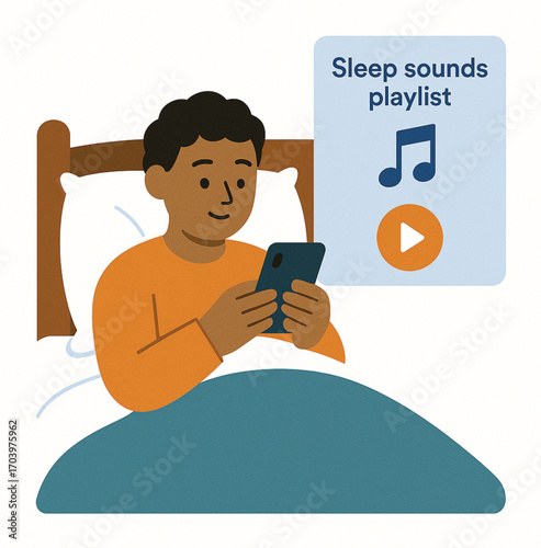 Person using AI to set personalized sleep sounds playlist with single tap play chip Illustration