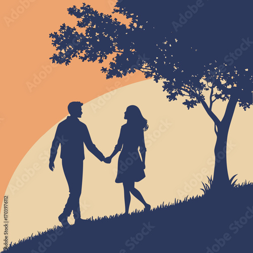 A romantic couple walks hand-in-hand up a gentle hillside towards the sunset, silhouetted under a tree, representing love, togetherness and the beauty of shared moments.