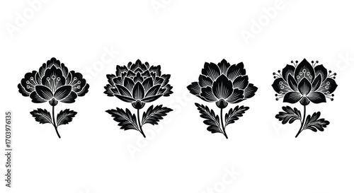 Four black floral silhouettes detailed decorative elegant petal designs set isolated vector