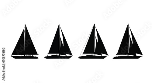 Four dark sailboats silhouettes lined up against a white canvas vector