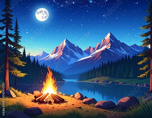 Night campfire by a lake at the foot of mountains