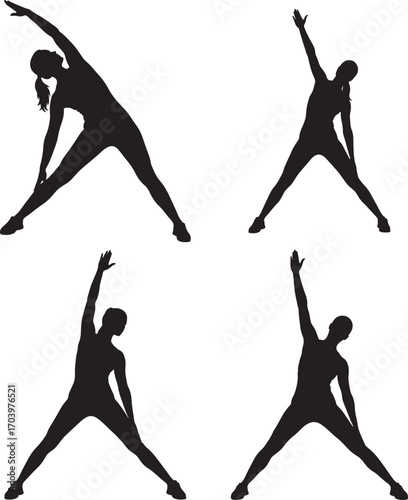 Four female figures performing yoga stretches silhouette