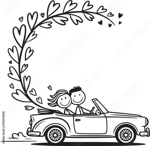 Newlywed Bliss: An idyllic cartoon scene depicts a happy couple in a classic convertible, surrounded by a garland of loving hearts, symbolizing the joyous journey of marriage and new beginnings.