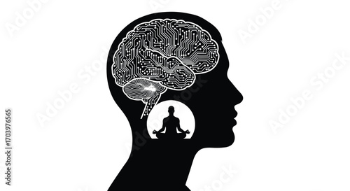 Mindful Circuitry A Brain with Electronic Pathways and Inner Peace A Silhouette of Thought