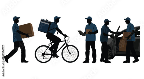 Delivery personnel silhouette collection illustrating various transportation and parcel handling methods vector