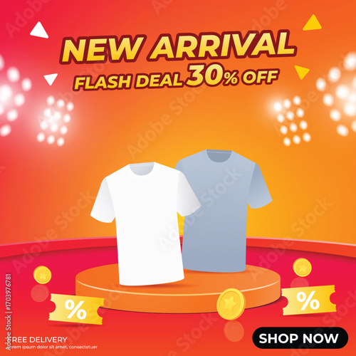 New Arrival Flash Deal Sale Banner with T-Shirts Mock Up