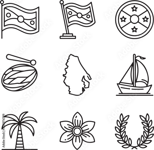 Grenada Flag Variations Vector Line Art Collection with Map, Nutmeg, Drum, Boat, and Cultural Heritage Icons