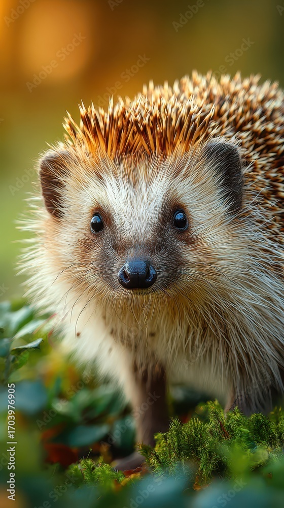 Fototapeta premium Curious hedgehog exploring a lush garden during the golden hour of sunset in a peaceful natural setting