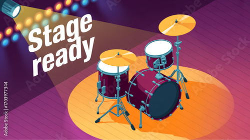 Drum set musical instrument stage ready performance music band drums cymbal rock concert jazz percussion kit vector
