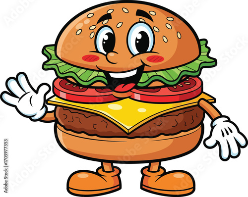 “Burger Buddy” cartoon mascot—anthropomorphic hamburger with expressive face and limbs for youth branding, onboarding UX, and fast food storytelling