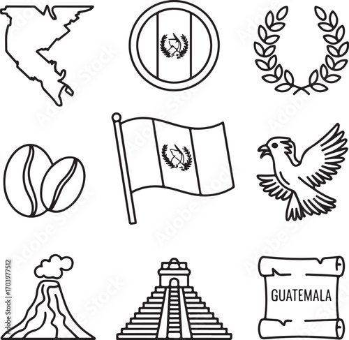 Guatemala Flag Variations Vector Line Art Collection with Map, Coffee, Quetzal, Laurel, and Cultural Heritage Icons