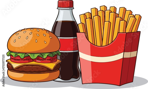 “Fast Food Trio” stylized illustration—burger, fries, and soda combo for lifestyle UX, menu design, and nutrition storytelling