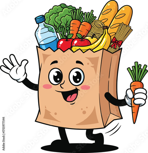 “Grocery Buddy 2.0” cartoon mascot—smiling grocery bag with expressive limbs and fresh food items for wellness UX, civic branding, and motion-based storytelling