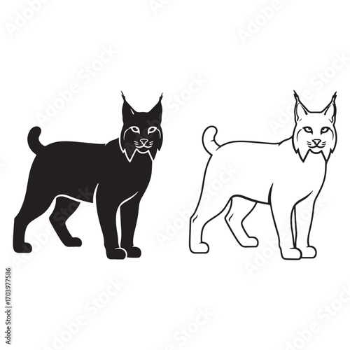 Flat Lynx Silhouette & Lynx Lineart – Lynx Vector Image Featuring Simplified Graphic Style – Lynx Illustration – Silhouette and Lineart Set of Lynx