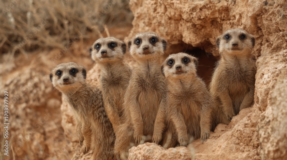 Fototapeta premium A group of five meerkats is gathered near their burrow, displaying their characteristic curious expressions while scanning the surroundings for potential dangers in their dry habitat.