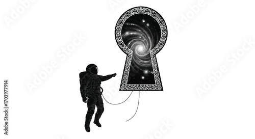 Astronaut Reaching for Cosmic Keyhole A Journey Through Space and Time Exploration Concept Art