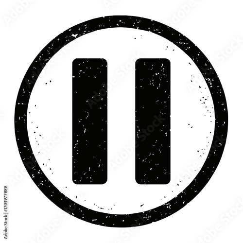 Grungy Black and White Distressed Pause Button Icon in a Circular Frame. Essential multimedia control symbol perfect for UI/UX design, retro tech aesthetics, and vintage graphic projects, conveying cl
