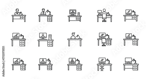 Set of minimalist line art icons depicting office workstations and desks with computers vector