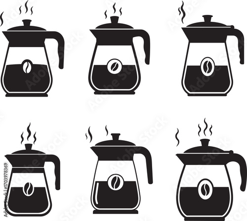 Collection of six steaming coffee maker silhouettes with coffee bean detail