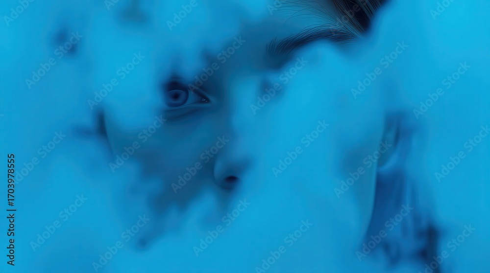 Fototapeta premium Mysterious face emerges from blue smoke, intense gaze