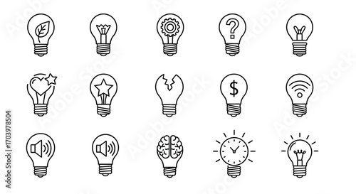 Collection of hand drawn light bulb icons representing diverse ideas and concepts vector