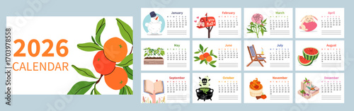 Bright 2026 calendar with cute monthly illustrations of seasons and holidays. 12 horizontal pages with cute illustrations for each month. For print, planners, blog and social media. Flat vector style.