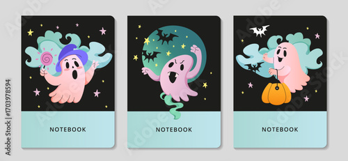 Adorable Halloween ghost notebook cover set with playful spooky characters. Great for stationery, planners, kids products, branding and seasonal decor. Flat vector style.
