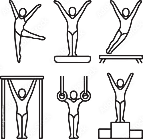 Gymnastics Competition Vector Icons Vault Jump, Floor Pose, Beam Routine, Bars Swing, Rings Hold, and Award Podium
