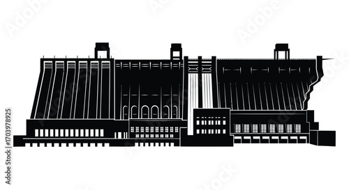 Impressive industrial dam structure with powerhouse and spillway complex detail vector