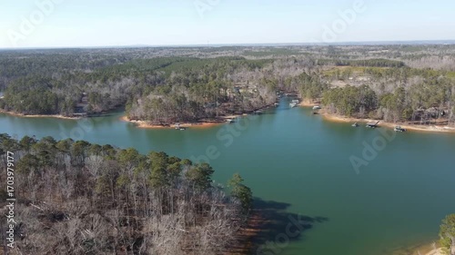 Aerial landscape Clarks Hill Lake in winter after Hurricane Helene in Appling Augusta Georgia