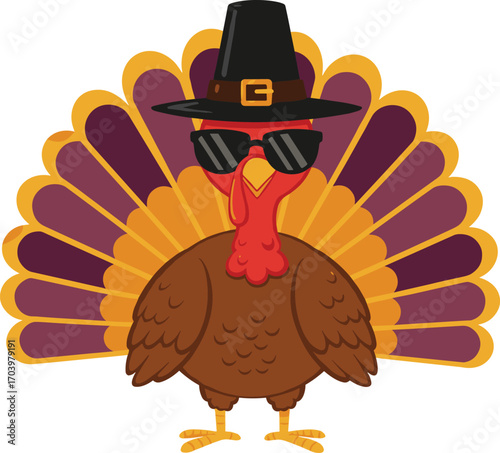 Funny Thanksgiving turkey cartoon wearing black sunglasses and pilgrim hat with colorful feathers, festive bird illustration for holiday celebration design.
