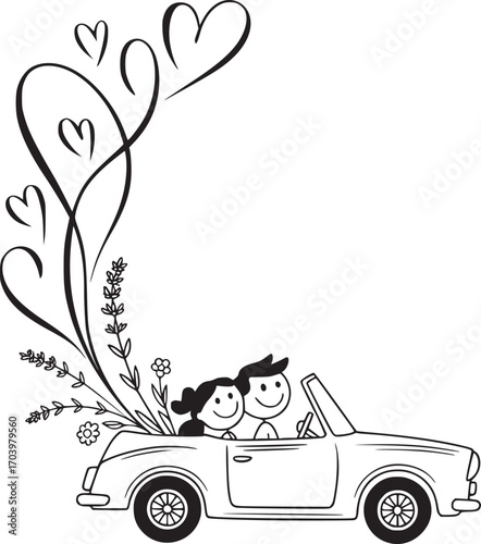 Romantic Getaway in Car: A charming illustration depicts a couple's blissful drive, hearts and floral elements trailing behind the classic convertible, symbolizing love and carefree adventures.