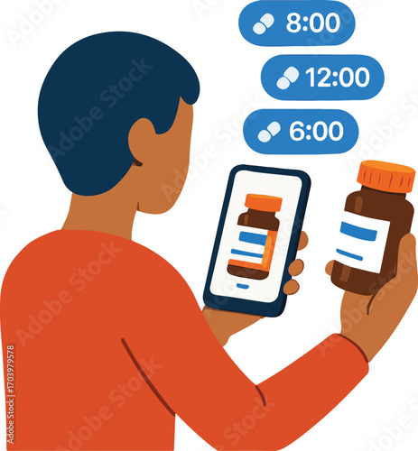Person scanning medication bottle AI displays dosage reminder chips Illustration