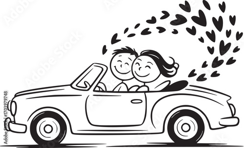 Love's Journey: A cartoon couple cruises in a vintage convertible, hearts flowing upwards to symbolize love and happiness. The black and white illustration embodies romance and the journey of love.