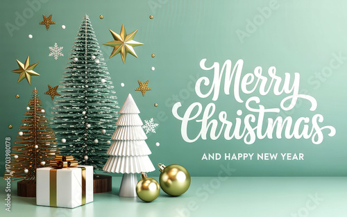 Christmas trees stars gift baubles snowflakes 'Merry Christmas and Happy New Year' on mint