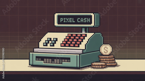Pixel art cash register illustration for retro games and graphic design projects with pixel cash theme design