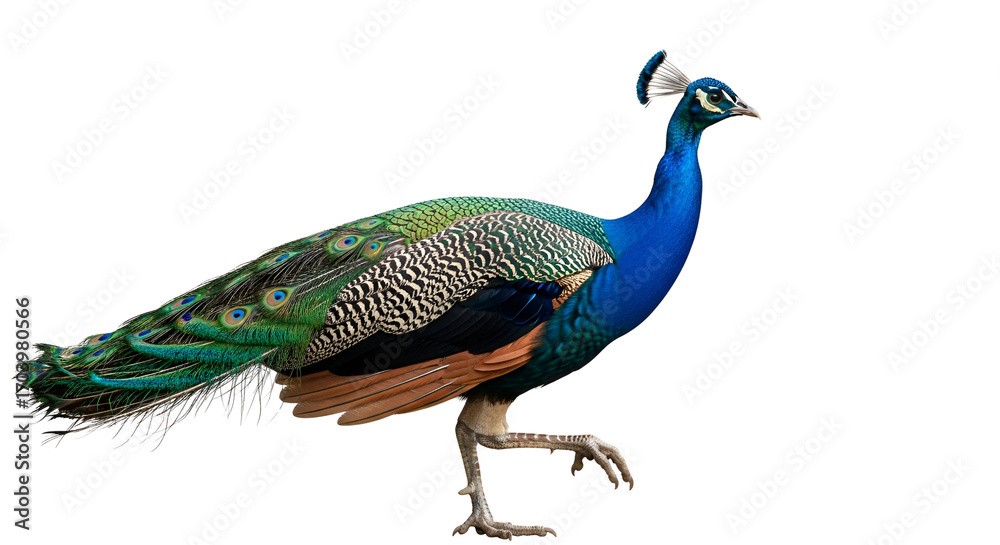 Fototapeta premium Graceful peacock walking isolated PNG with Transparent Background
